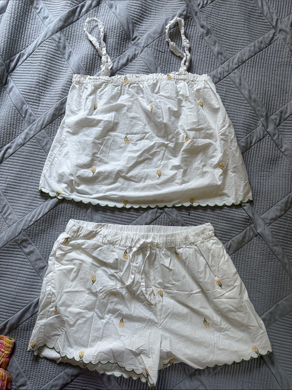 Primark White Cotton Cami & Shorts Set with Yellow and Green Embroidery